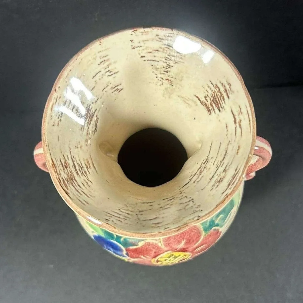 Italia Vase Cream Hand Painted Floral Double Handle Amphora‎ Vintage Italy 7in